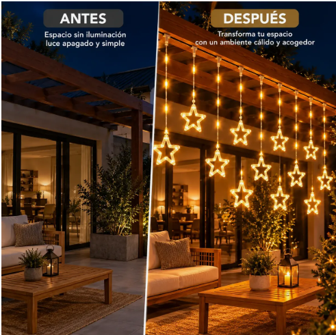 Cortina Solar Navideña de Estrellas LED